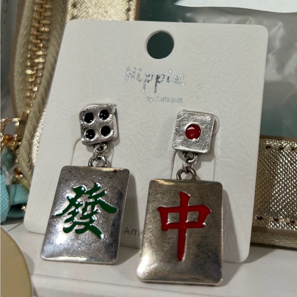 Brand new Silver Mahjong Tile Drop Earrings with Red and Green Accents